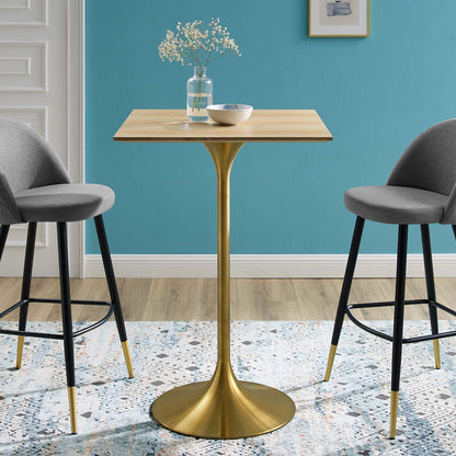 Lippa 28" Square Wood Bar Table, Wood, Metal Steel, Gold Brown Natural, 21213