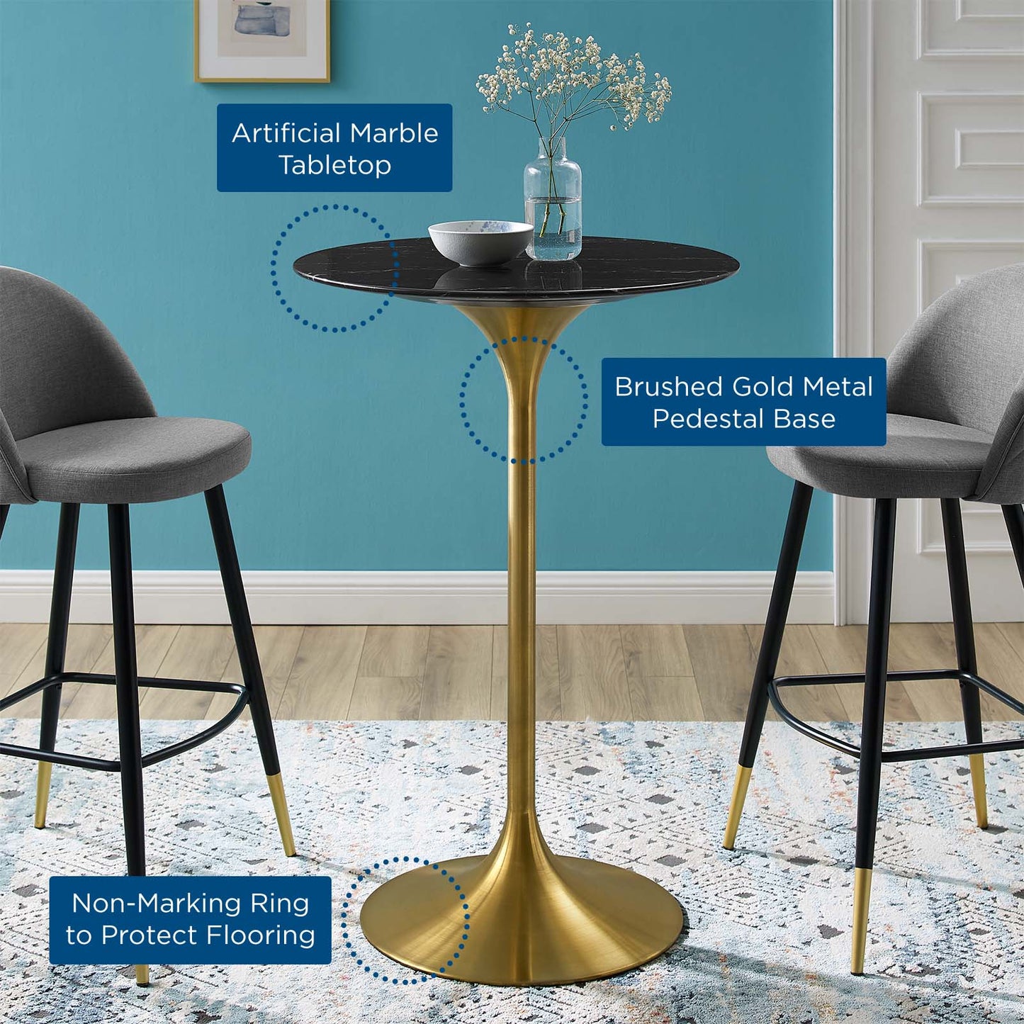 Lippa 28" Artificial Marble Bar Table, Artificial Marble, Metal Steel, Gold Black, 21214