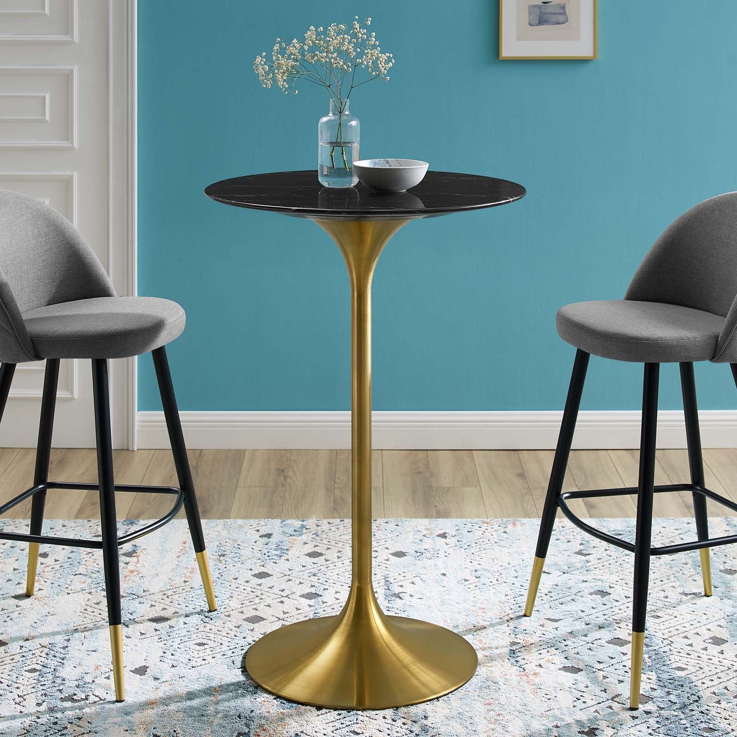 Lippa 28" Artificial Marble Bar Table, Artificial Marble, Metal Steel, Gold Black, 21214