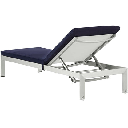 Shore Outdoor Patio Aluminum Chaise with Cushions, Aluminum, Metal, Steel, Silver Blue Navy, 21218