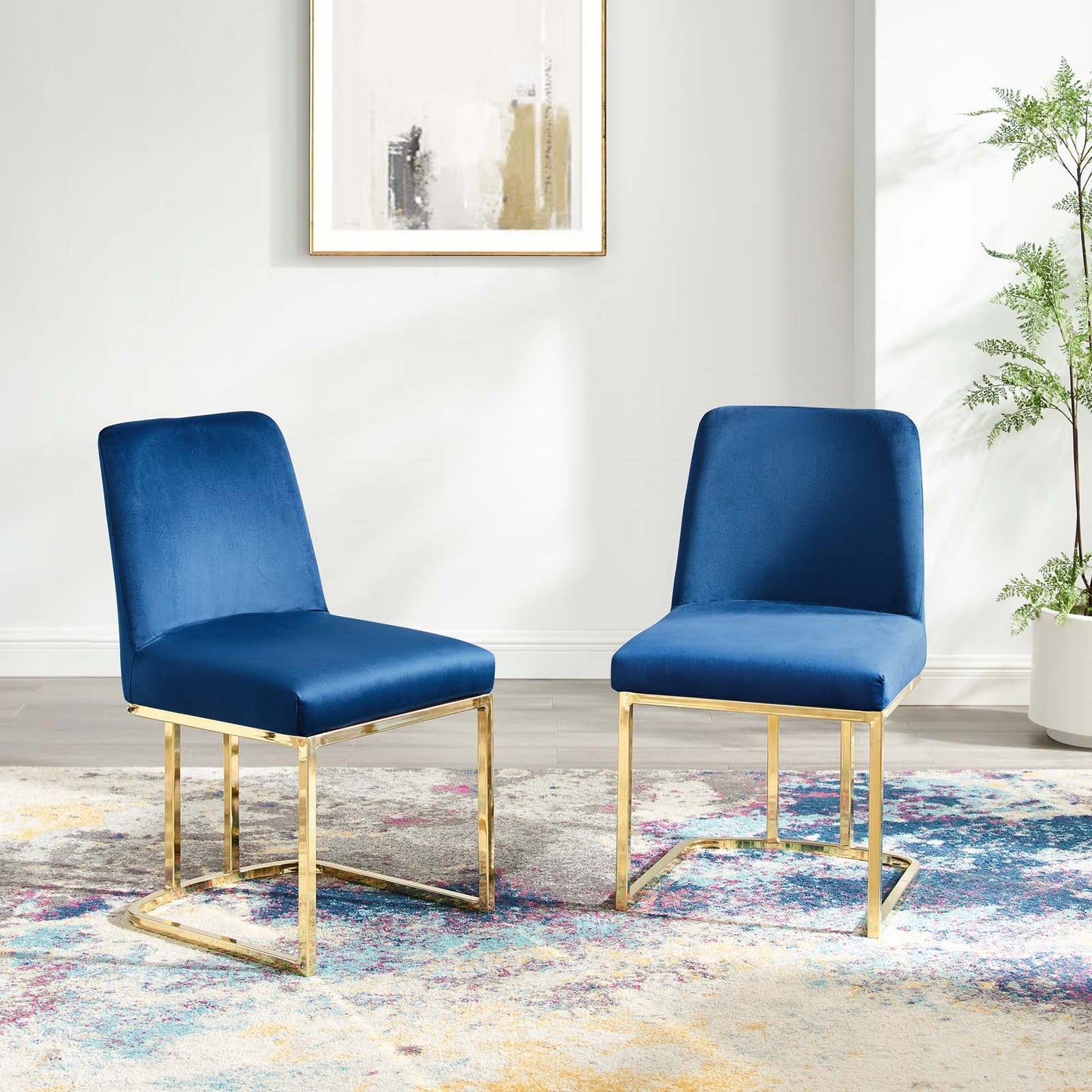 Amplify Sled Base Performance Velvet Dining Chairs - Set of 2, Velvet, Metal Steel, Gold Blue Navy, 21224