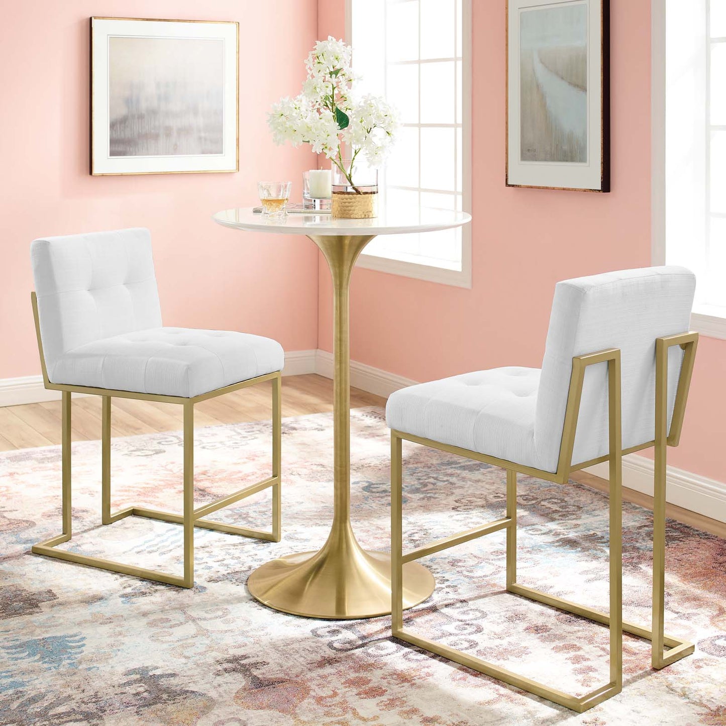 Privy Counter Stool Upholstered Fabric Set of 2, Fabric, Metal Steel, Gold White, 21228