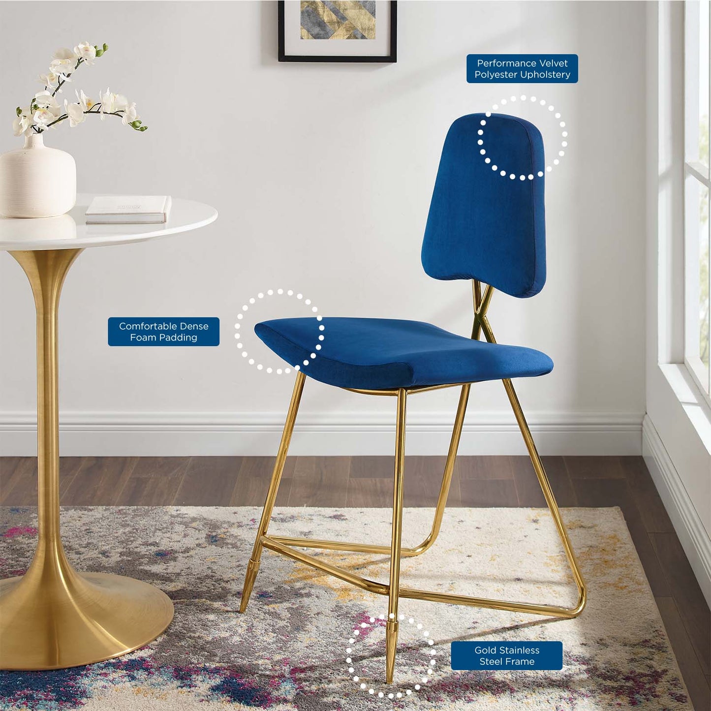 Ponder Counter Stool Performance Velvet Set of 2, Velvet, Metal Steel, Blue Navy, 21232