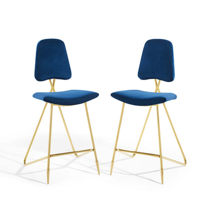 Ponder Bar Stool Performance Velvet Set of 2, Velvet, Metal Steel, Blue Navy, 21236