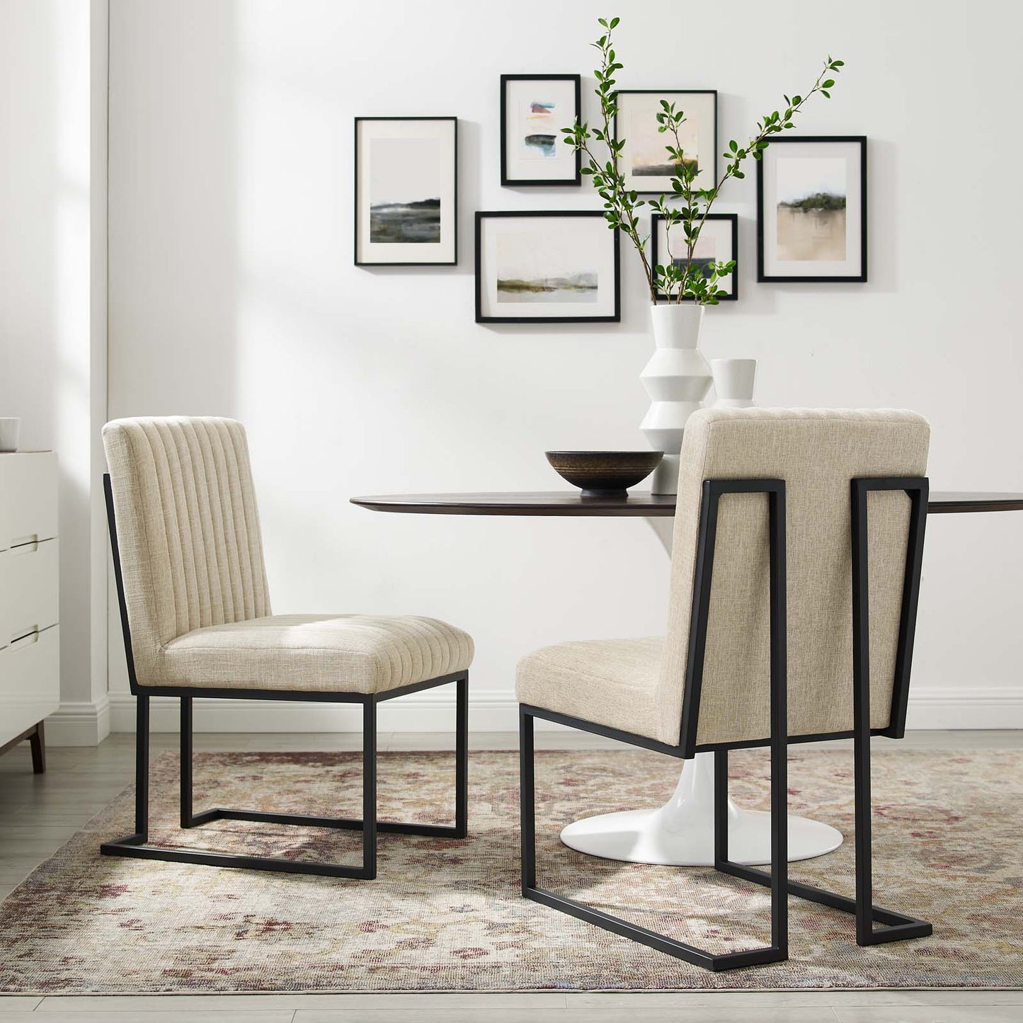 Indulge Channel Tufted Fabric Dining Chairs - Set of 2, Fabric, Metal Steel, Beige, 21238