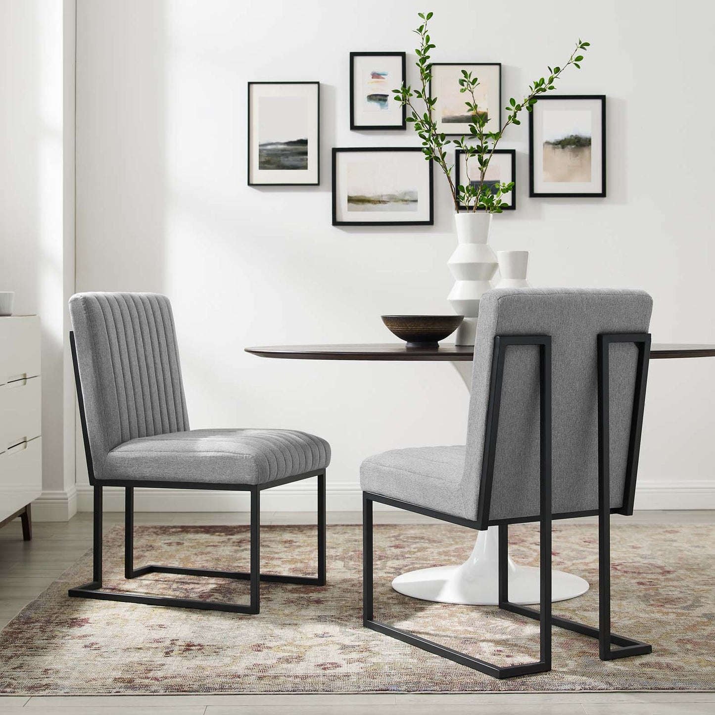 Indulge Channel Tufted Fabric Dining Chairs - Set of 2, Fabric, Metal Steel, Light Grey Gray, 21239