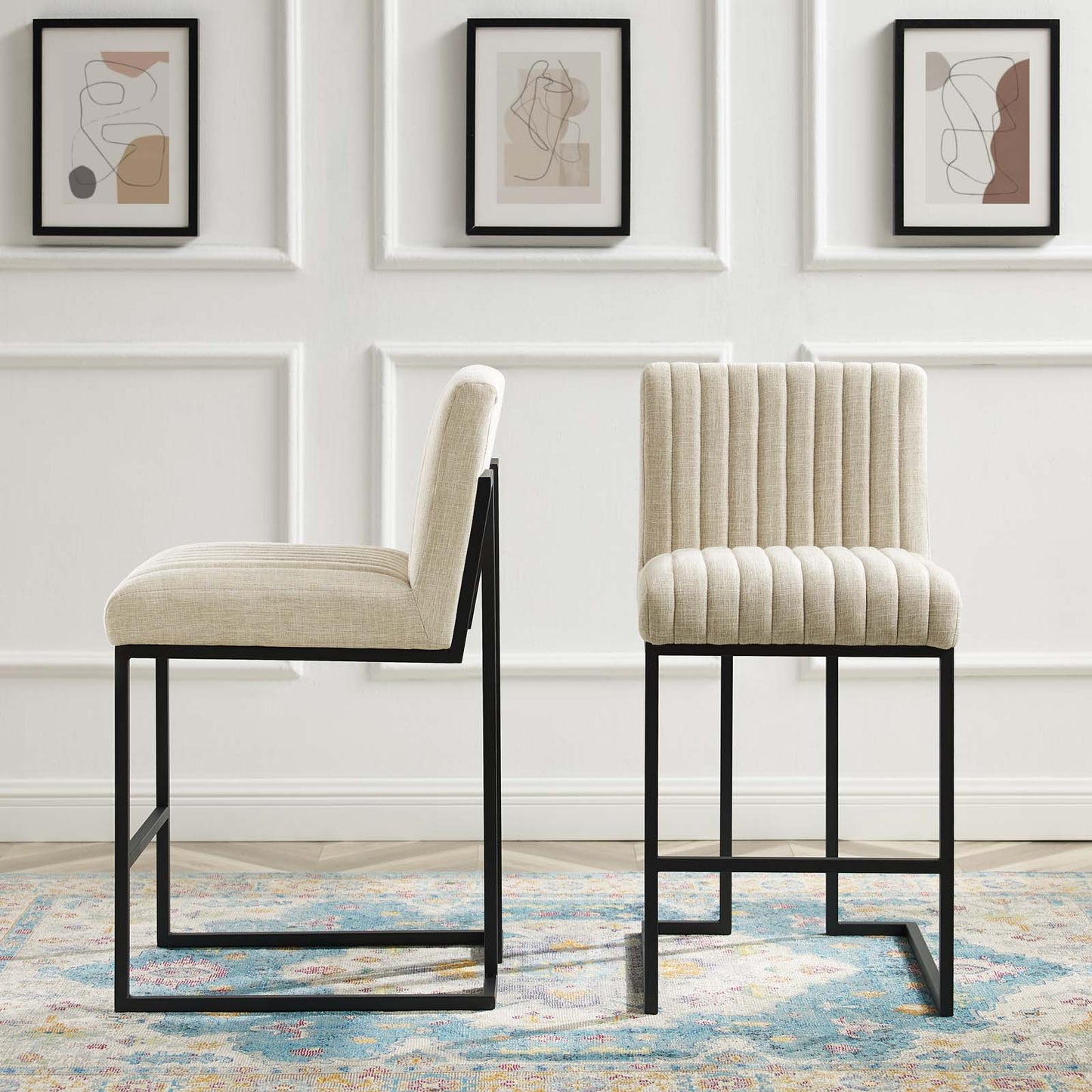 Indulge Channel Tufted Fabric Counter Stools - Set of 2, Fabric, Metal Steel, Beige, 21241