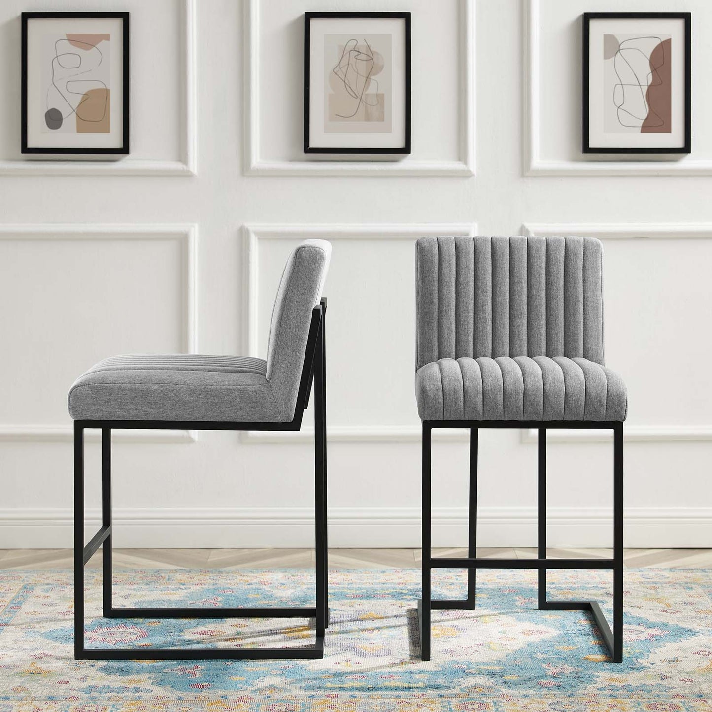 Indulge Channel Tufted Fabric Counter Stools - Set of 2, Fabric, Metal Steel, Light Grey Gray, 21242