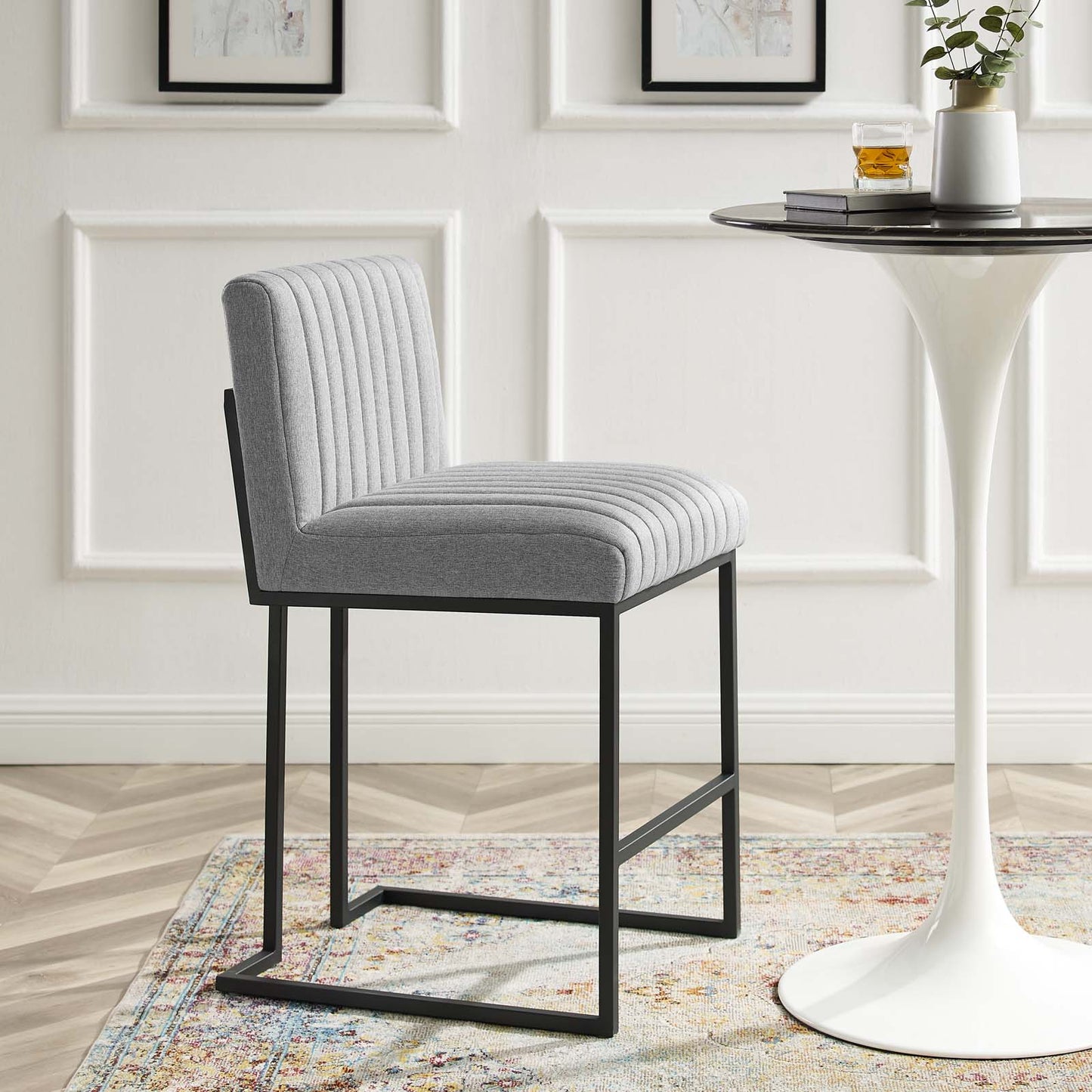 Indulge Channel Tufted Fabric Counter Stools - Set of 2, Fabric, Metal Steel, Light Grey Gray, 21242