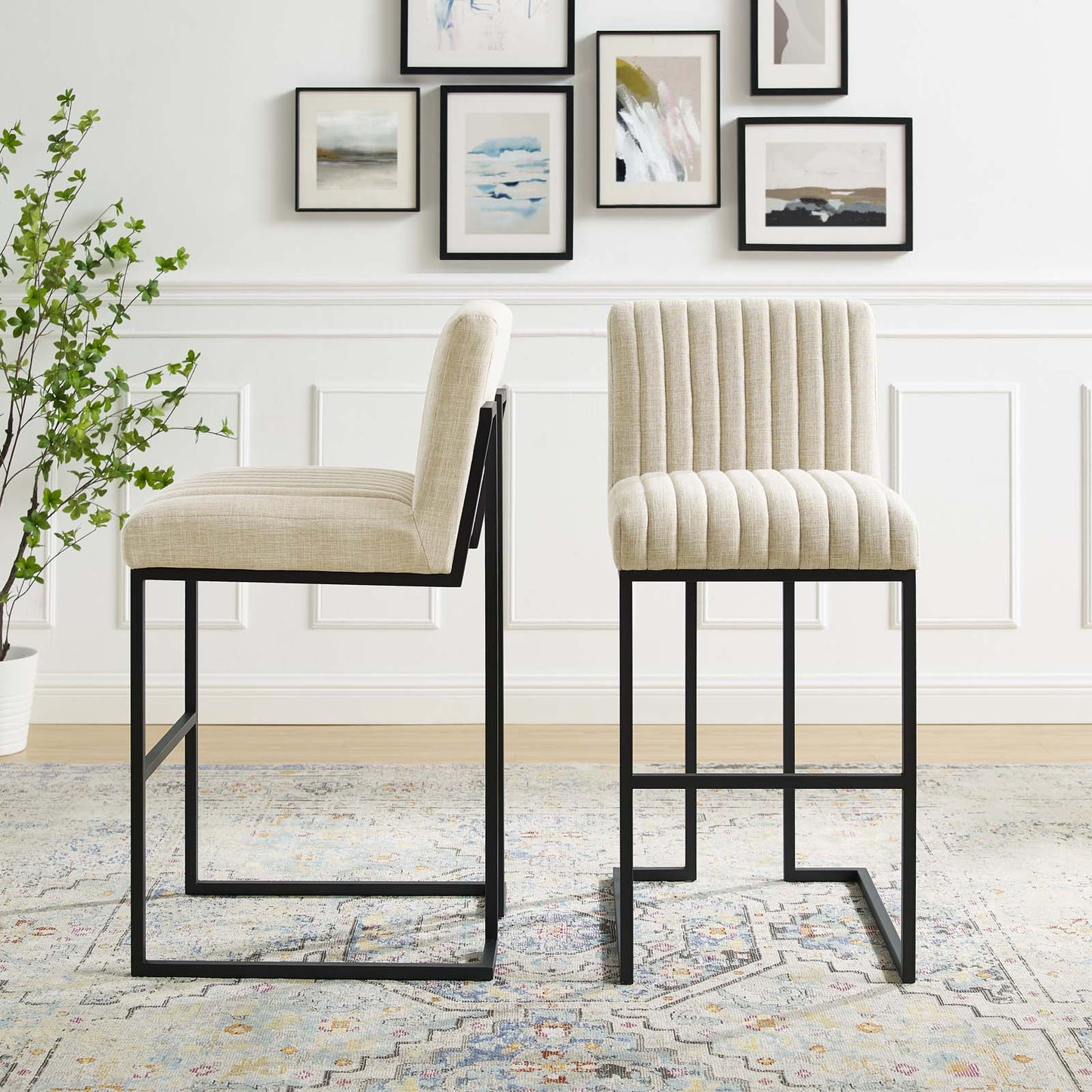 Indulge Channel Tufted Fabric Bar Stools, Fabric, Metal Steel, Beige, 21244