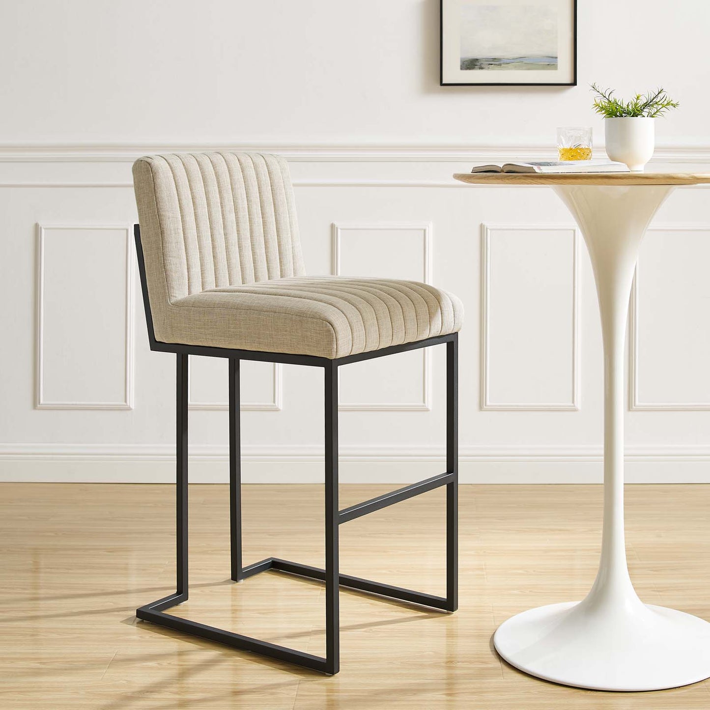 Indulge Channel Tufted Fabric Bar Stools, Fabric, Metal Steel, Beige, 21244