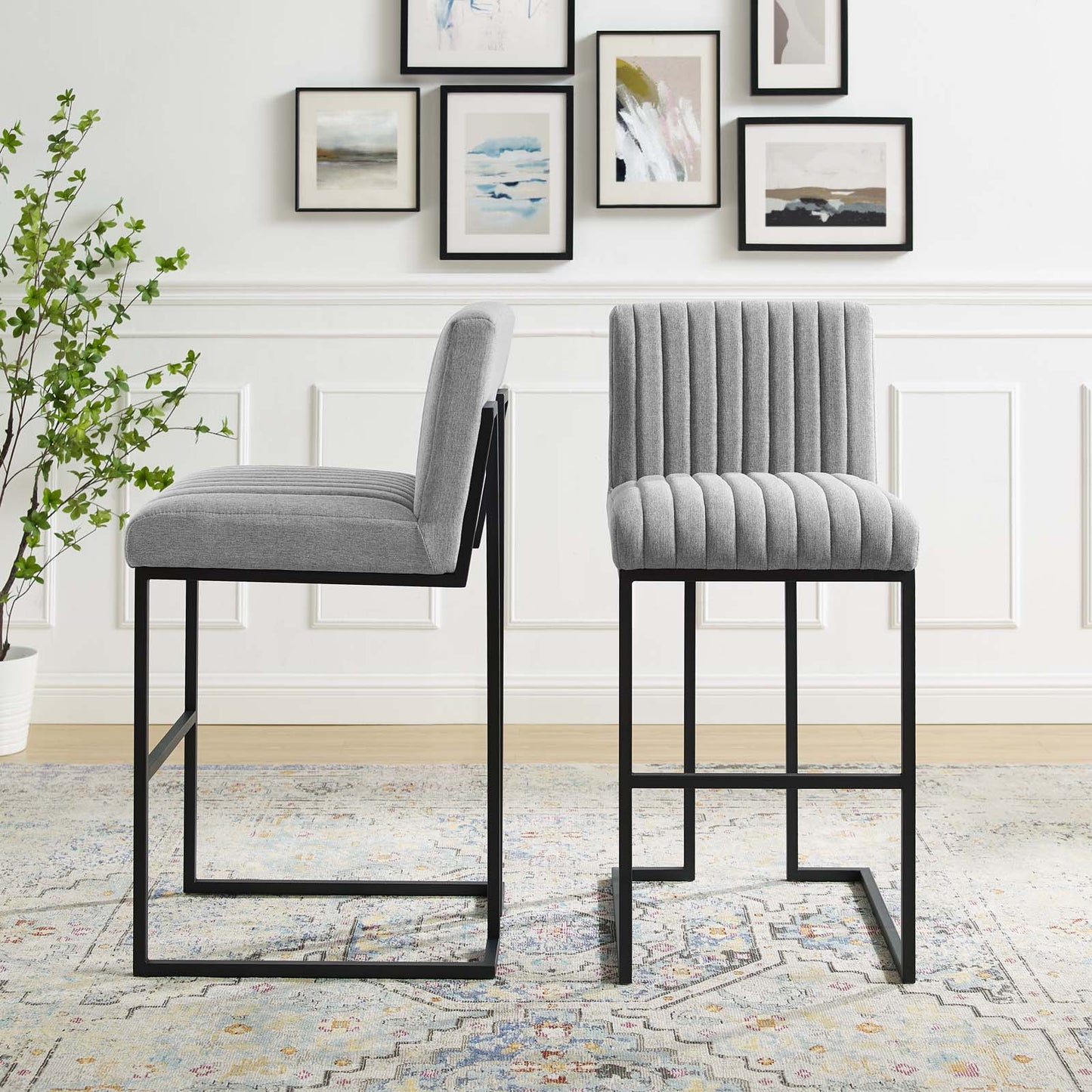 Indulge Channel Tufted Fabric Bar Stools, Fabric, Metal Steel, Light Grey Gray, 21245