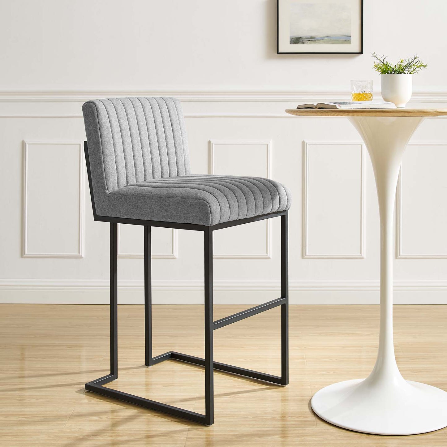 Indulge Channel Tufted Fabric Bar Stools, Fabric, Metal Steel, Light Grey Gray, 21245