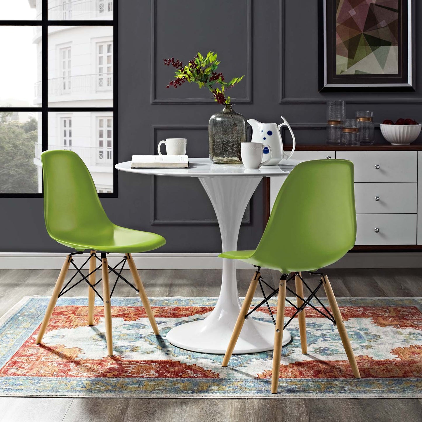 Pyramid Dining Side Chairs Set of 2, Plastic, Wood, Light Green, 21250
