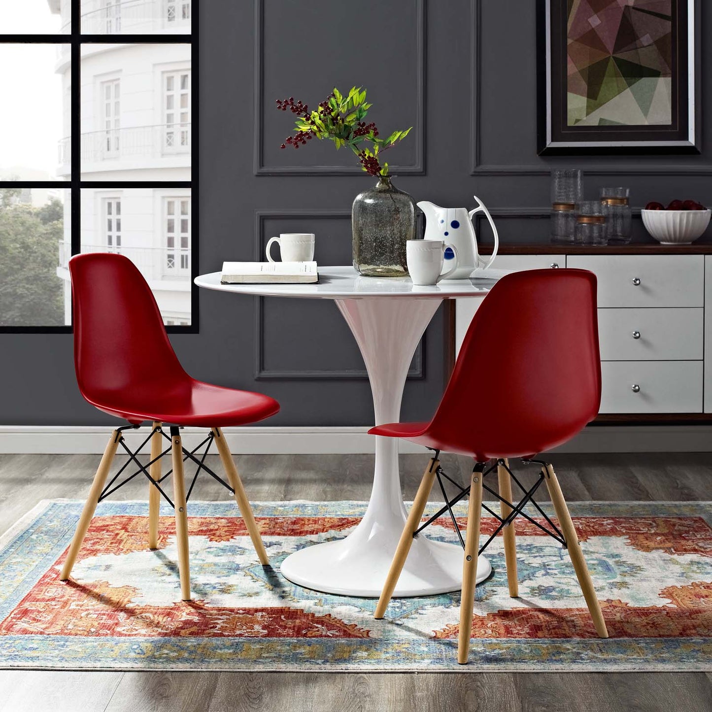 Pyramid Dining Side Chairs Set of 2, Plastic, Wood, Red, 21252