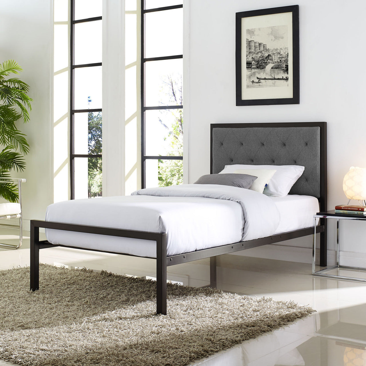 Mia Twin Fabric Bed Frame, Grey Fabric