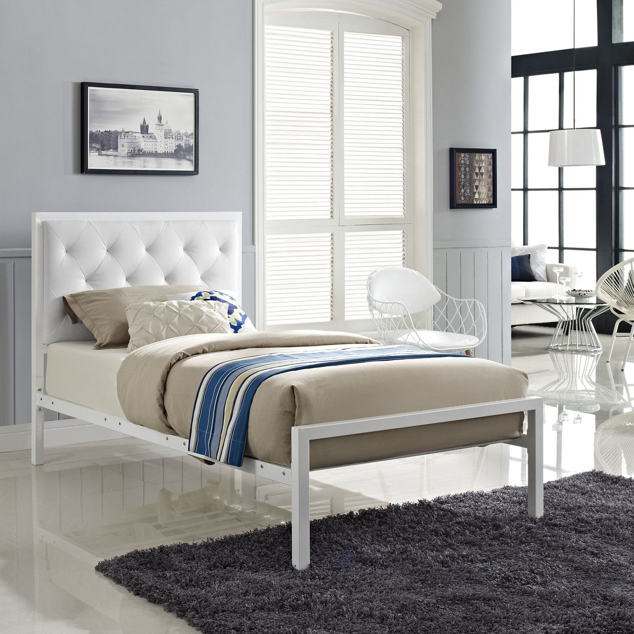 Mia Twin Vinyl Bed Frame, White Faux Leather
