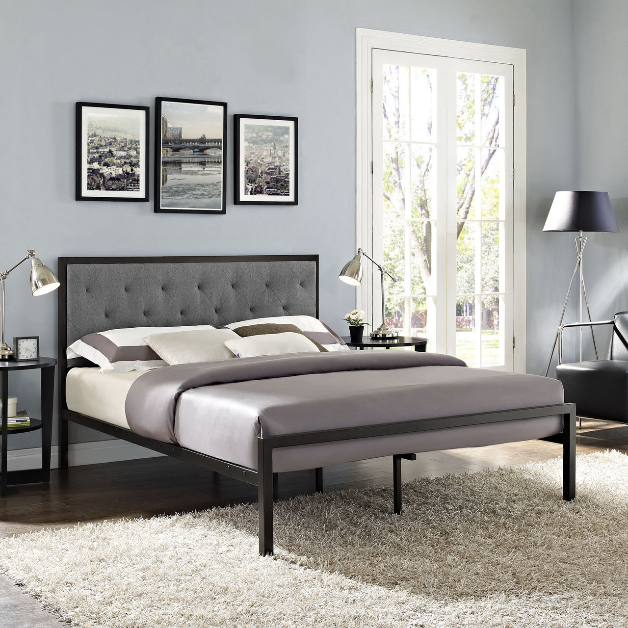 Mia Queen Fabric Bed Frame, Grey Fabric