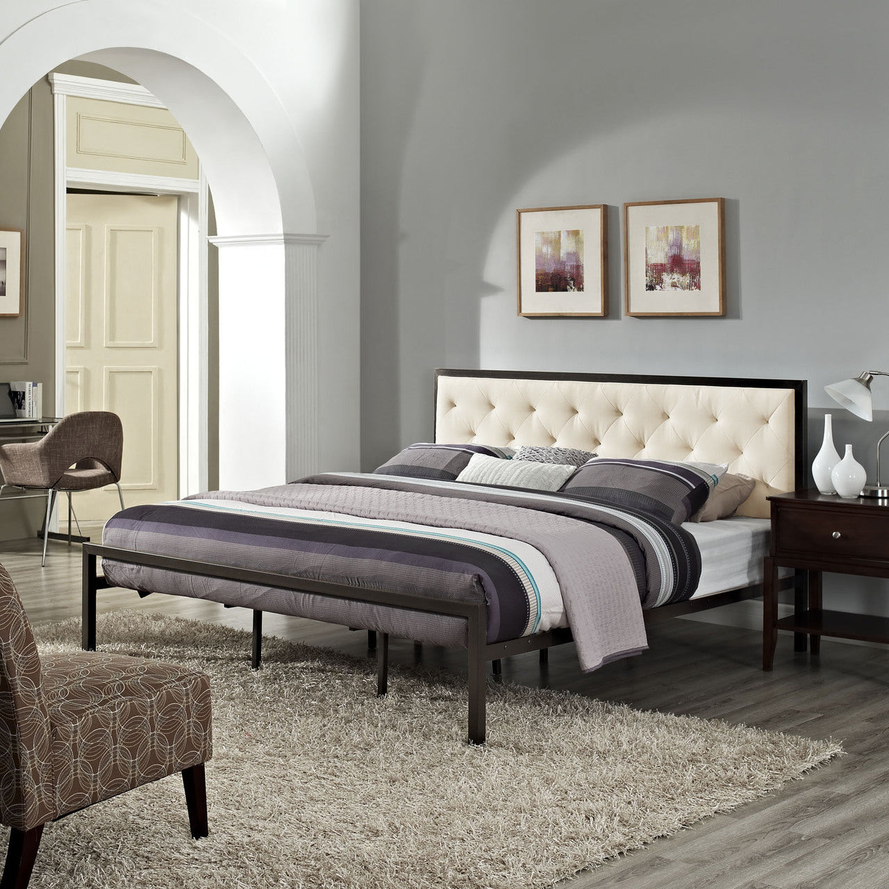 Mia King Fabric Bed Frame, Beige Fabric