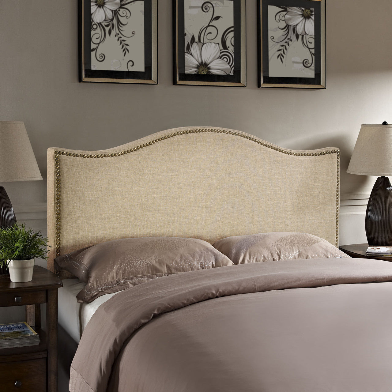 Curl Queen Nailhead Upholstered Headboard, Beige Fabric