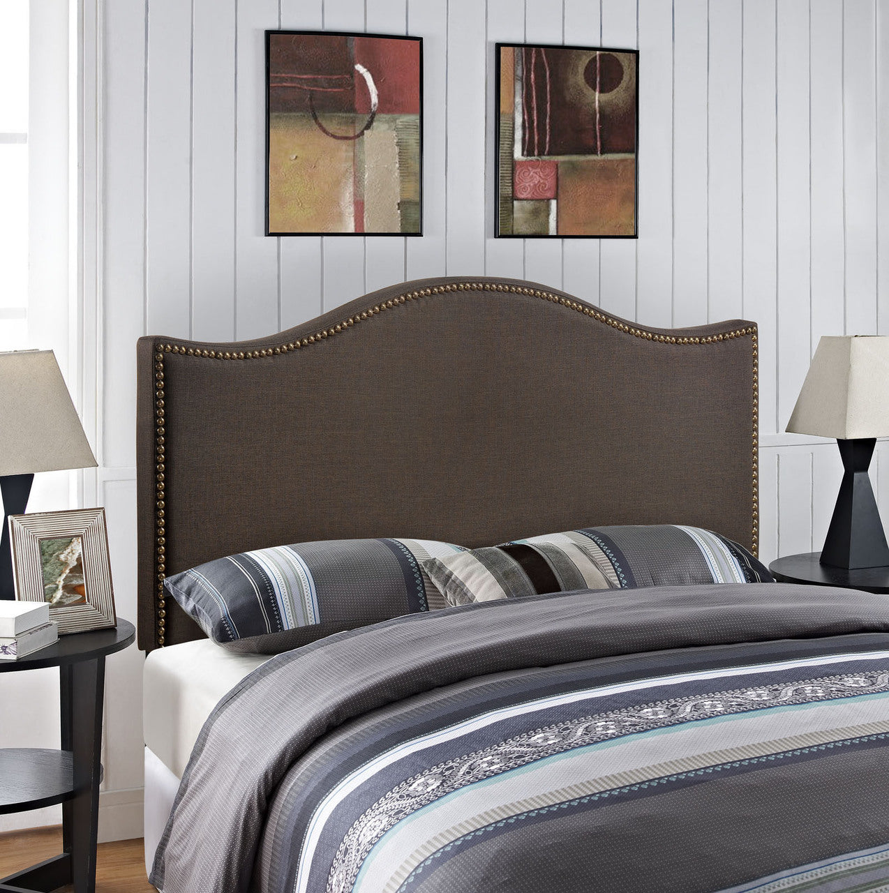 Curl Queen Nailhead Upholstered Headboard, Brown Fabric