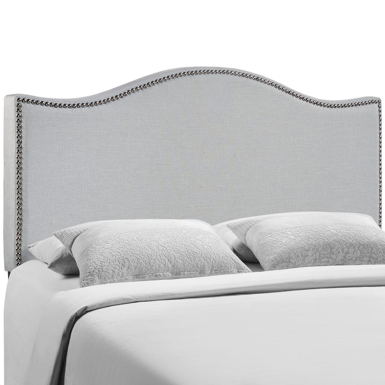 Curl Queen Nailhead Upholstered Headboard, Grey Fabric