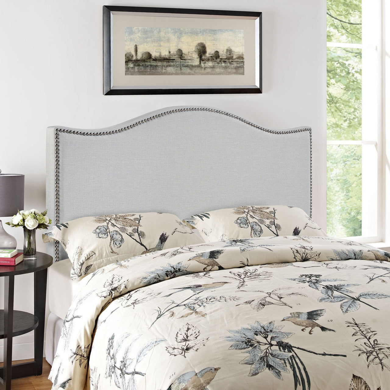 Curl Queen Nailhead Upholstered Headboard, Grey Fabric