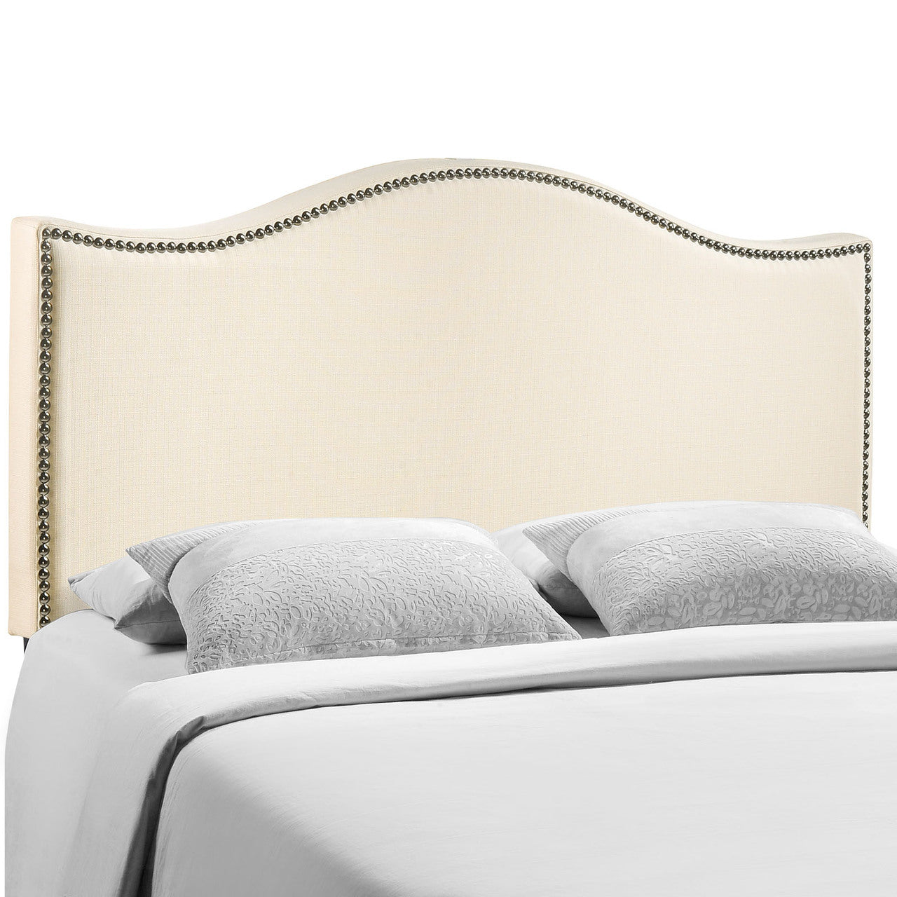 Curl Queen Nailhead Upholstered Headboard, Ivory Fabric