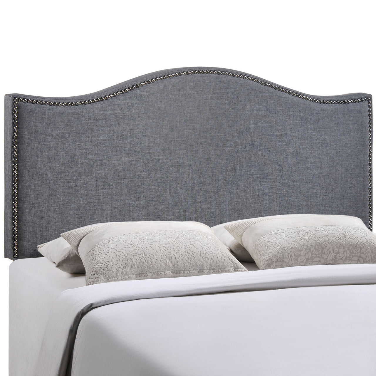Curl Queen Nailhead Upholstered Headboard, Smoke Grey Fabric
