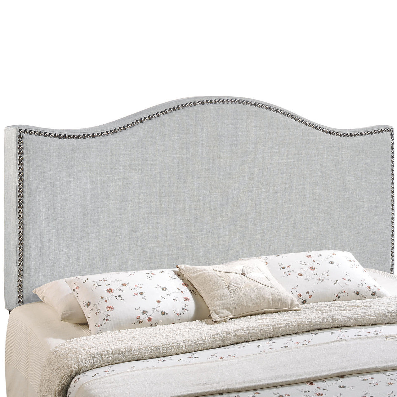 Curl Full Nailhead Upholstered Headboard, Grey Fabric