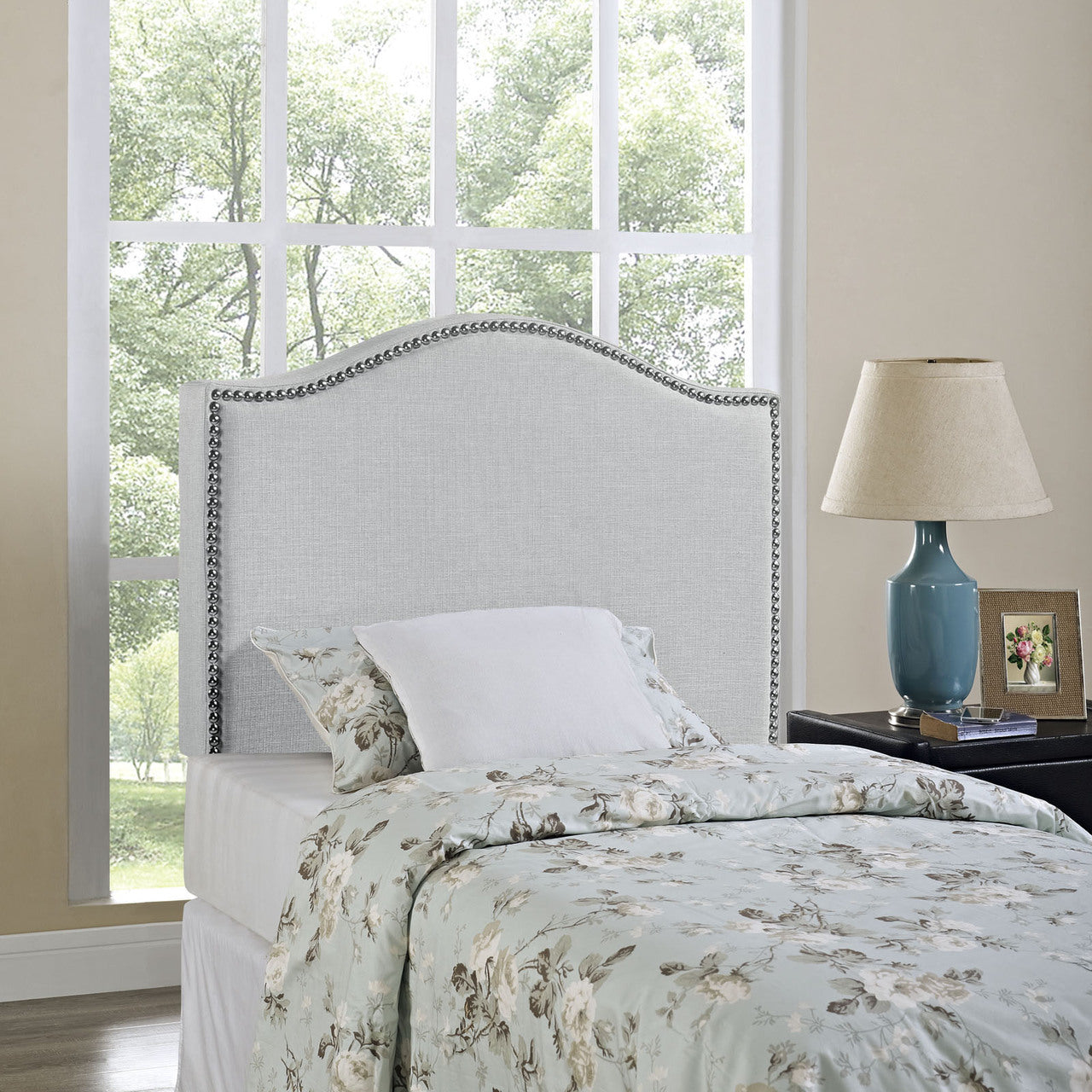 Curl Twin Nailhead Upholstered Headboard, Grey Fabric