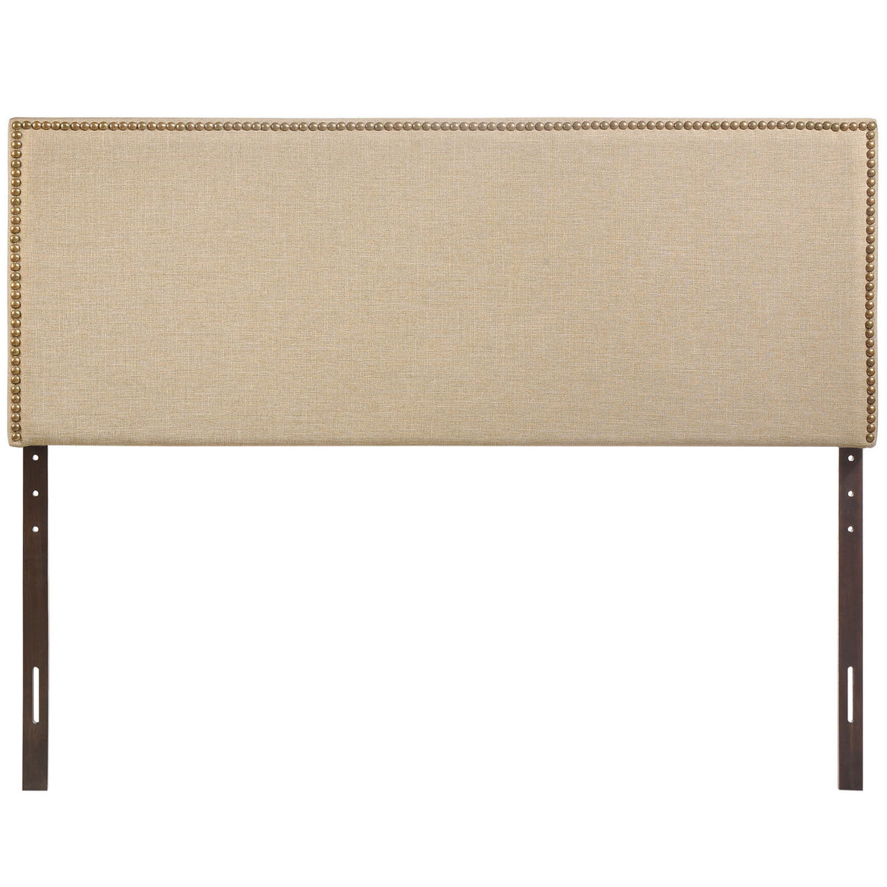 Region Queen Nailhead Upholstered Headboard, Beige Fabric