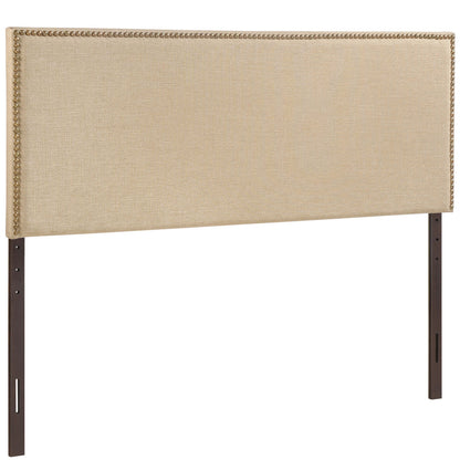 Region Queen Nailhead Upholstered Headboard, Beige Fabric