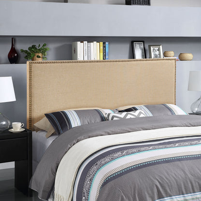 Region Queen Nailhead Upholstered Headboard, Beige Fabric