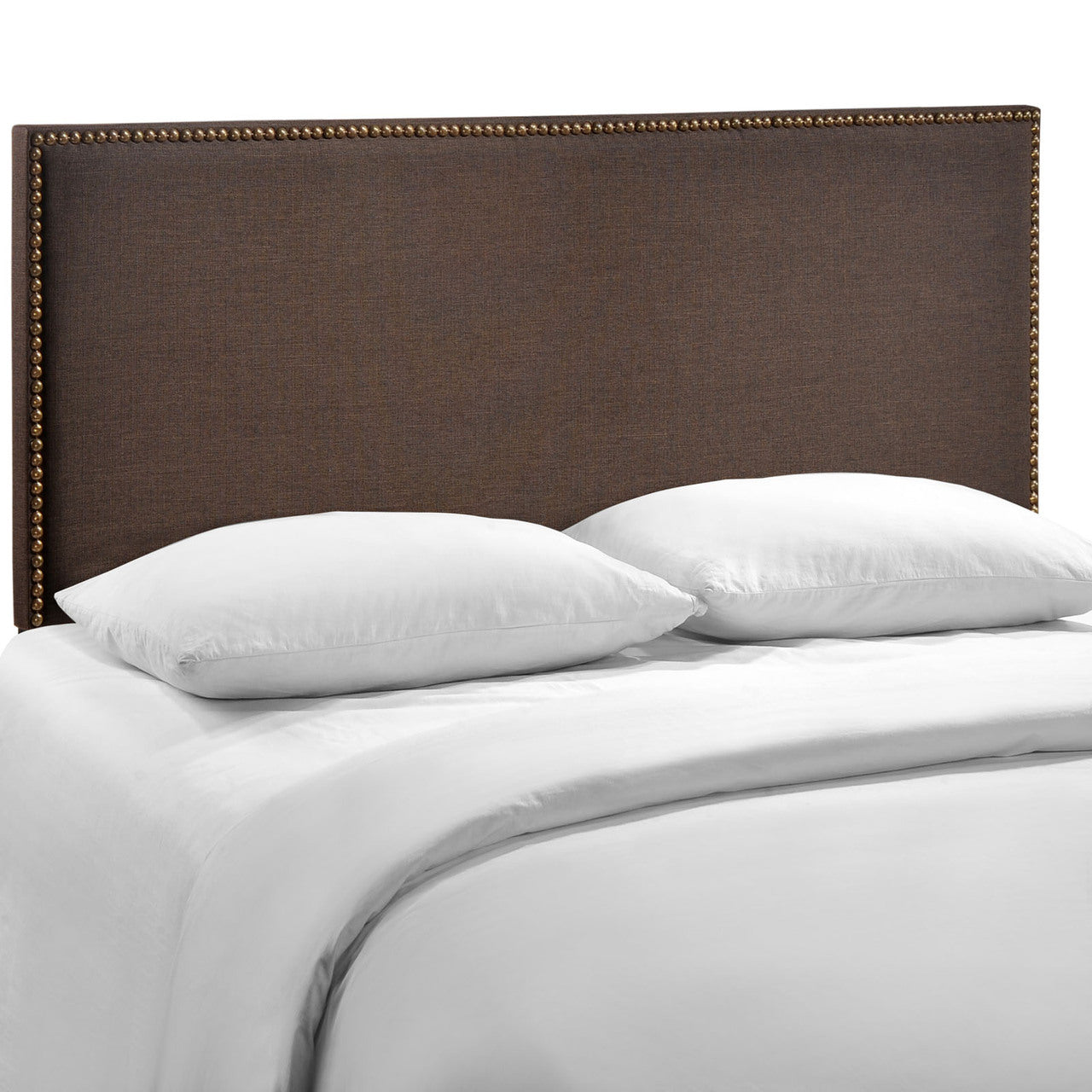 Region Queen Nailhead Upholstered Headboard, Brown Fabric