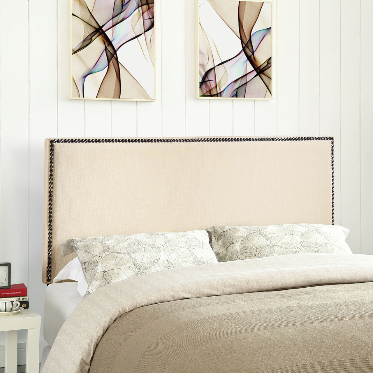 Region Queen Nailhead Upholstered Headboard, Ivory Fabric