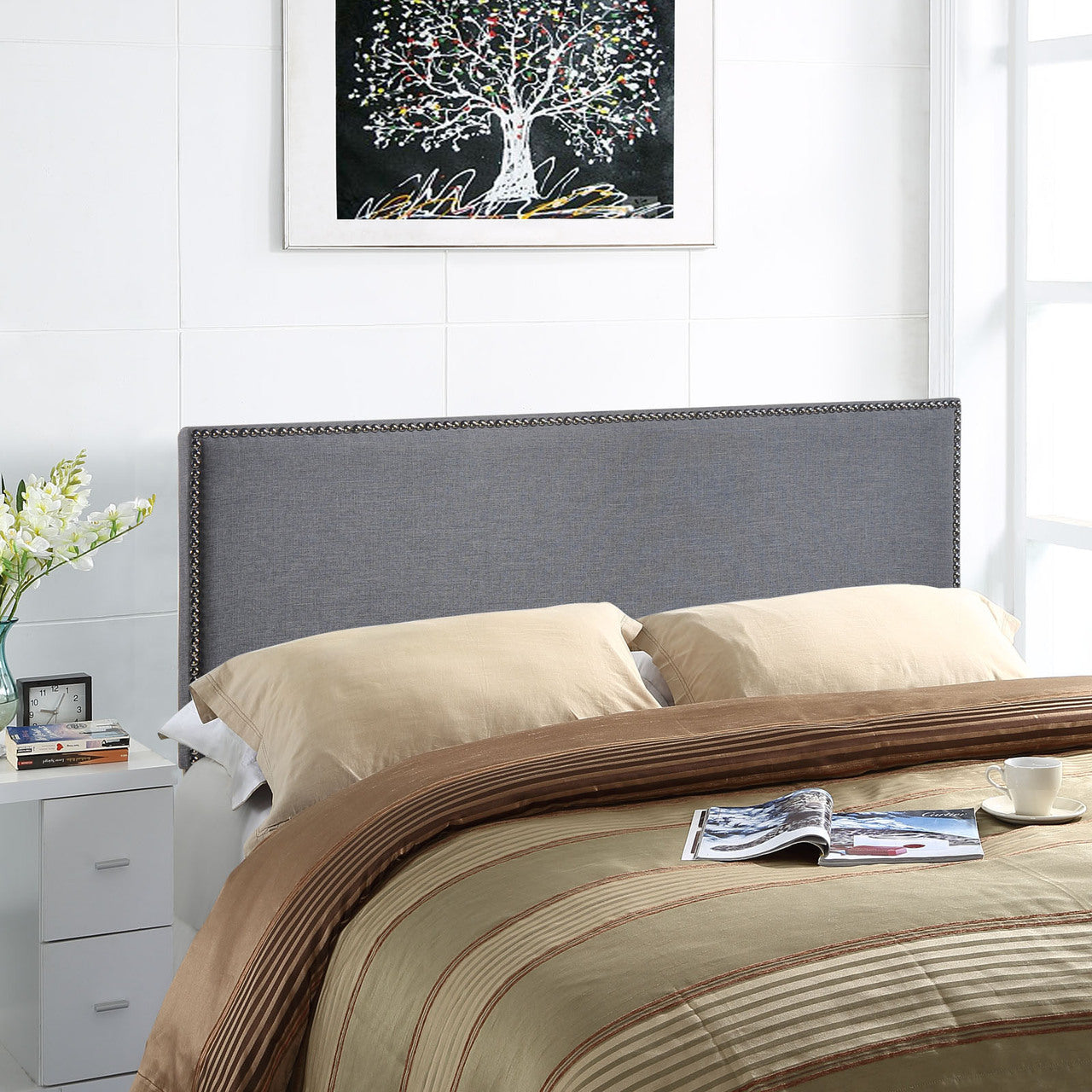 Region Queen Nailhead Upholstered Headboard, Smoke Grey Fabric