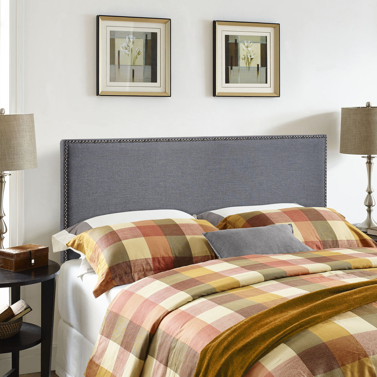 Region Queen Nailhead Upholstered Headboard, Smoke Grey Fabric