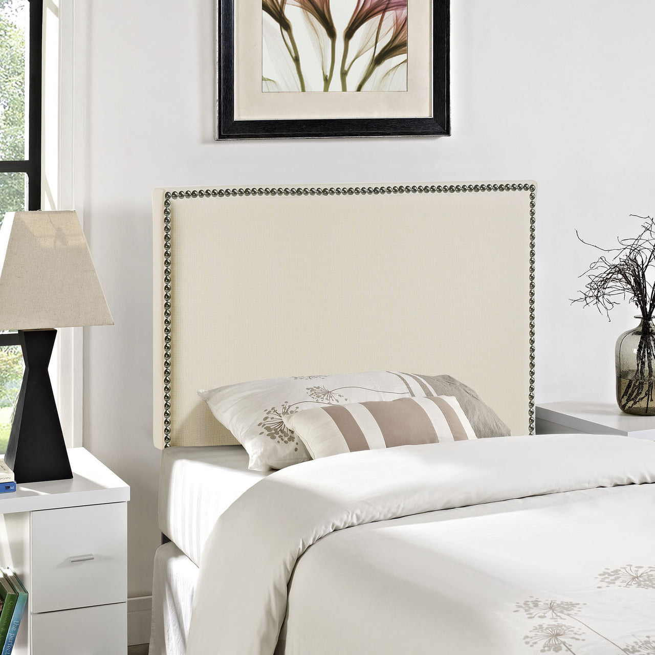 Region Twin Nailhead Upholstered Headboard, Ivory Fabric