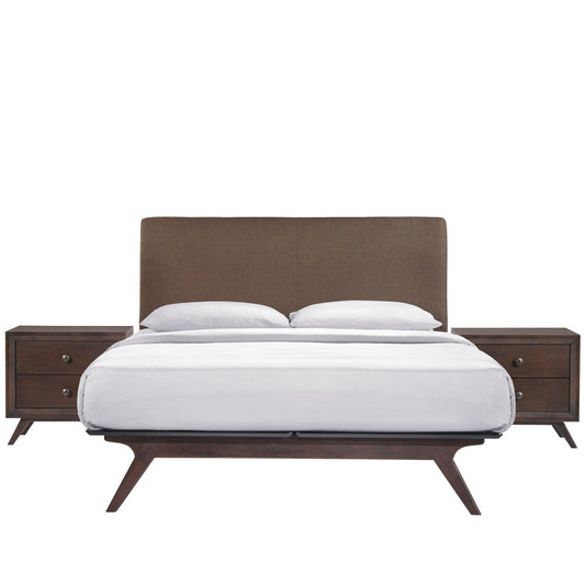 Tracy 3 Piece Queen Bedroom Set, Wood Brown Fabric