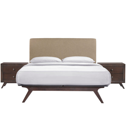 Tracy 3 Piece Queen Bedroom Set, Wood, Brown Fabric