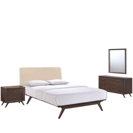 Tracy 4 Piece Queen Bedroom Set, Beige Fabric Wood