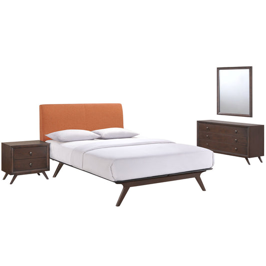 Tracy 4 Piece Queen Bedroom Set, Orange Fabric Wood