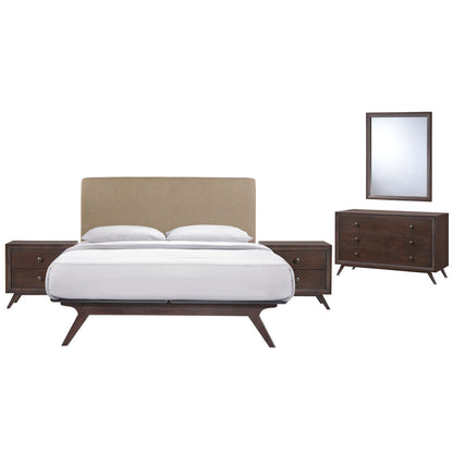 Tracy 5 Piece Queen Bedroom Set, Brown, Fabric Wood
