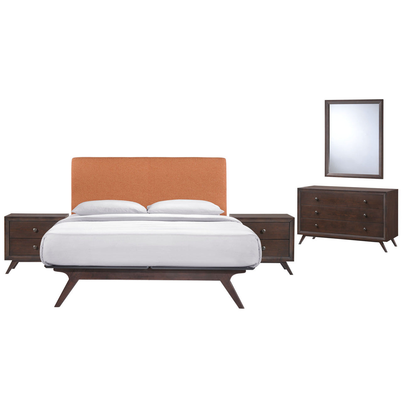 Tracy 5 Piece Queen Bedroom Set, Orange Fabric Wood