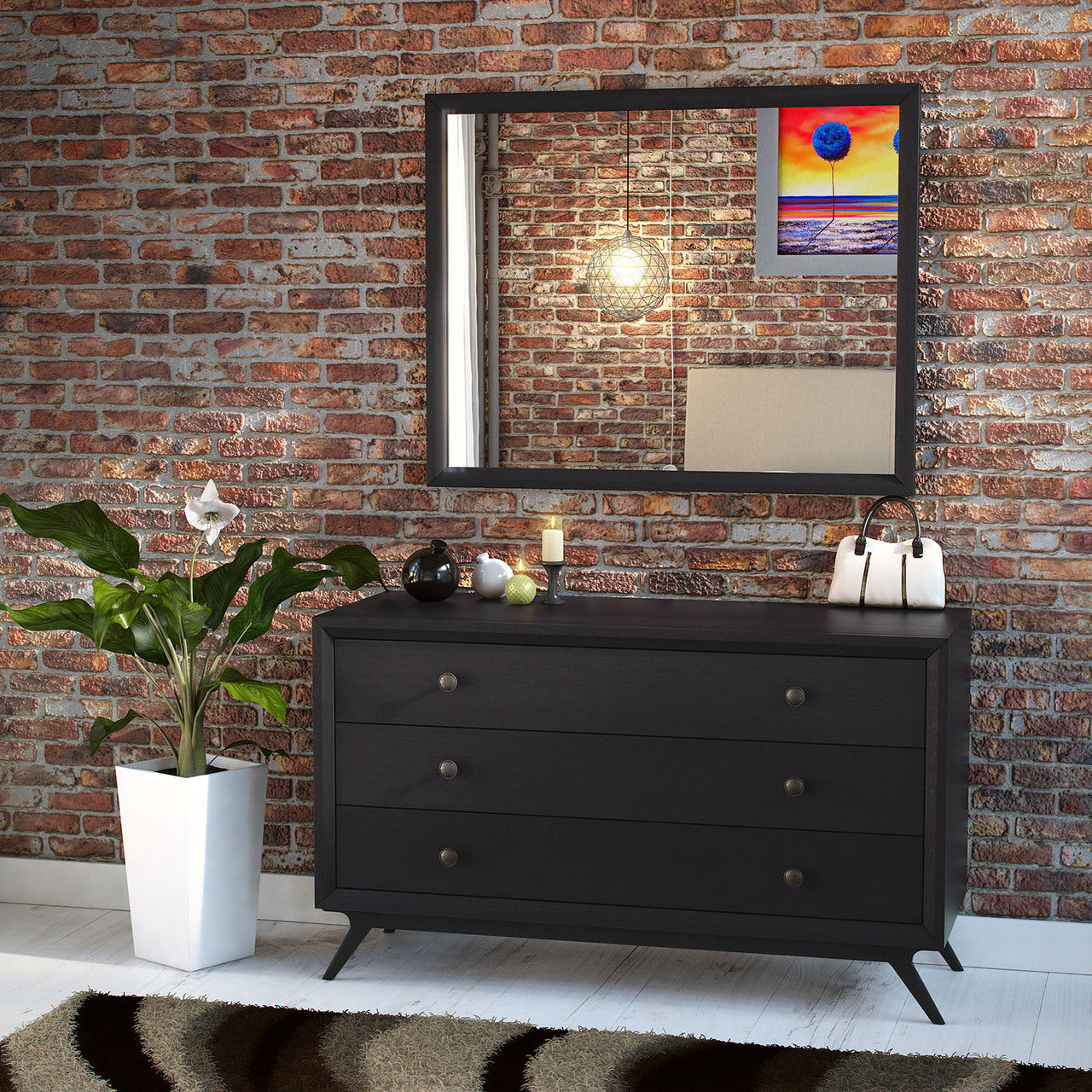 Tracy Dresser and Mirror, Black Wood