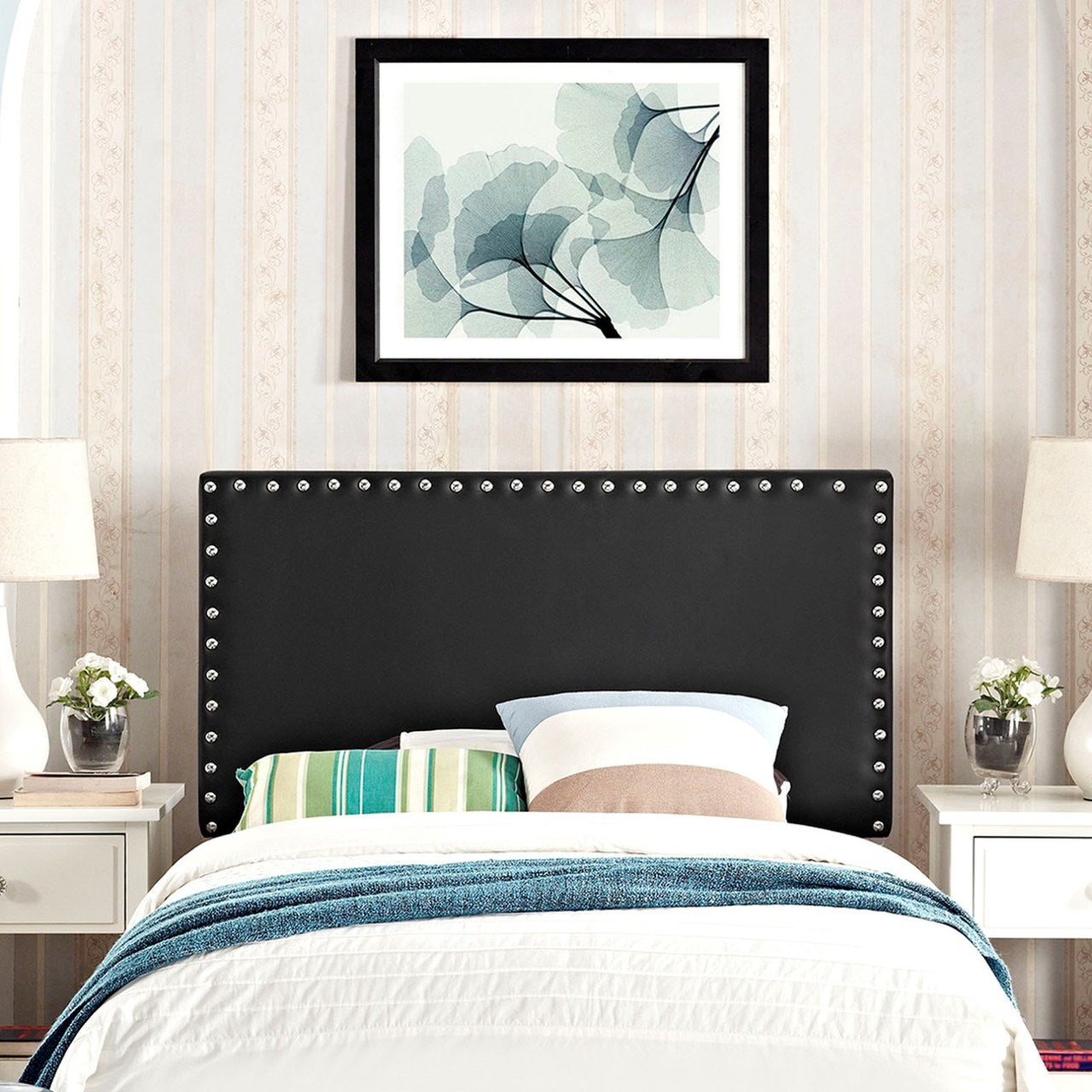 Phoebe Twin Upholstered Vinyl Headboard, Black, Faux Leather 12089