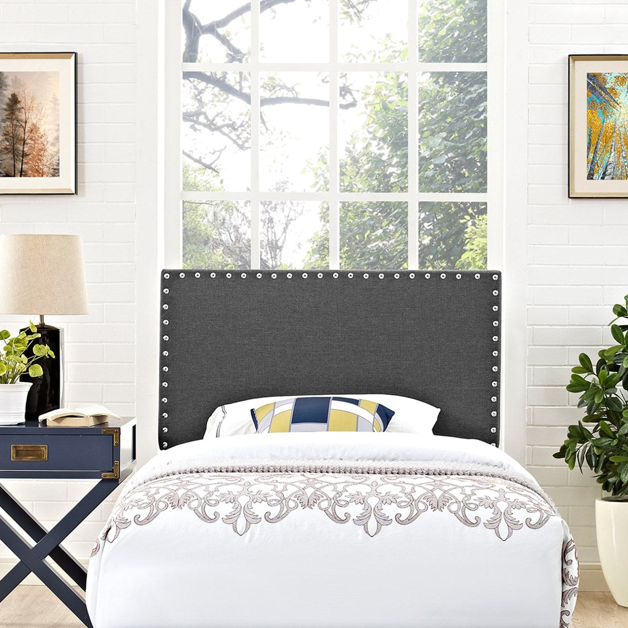 Phoebe Twin Upholstered Fabric Headboard, Grey, Metal 12093