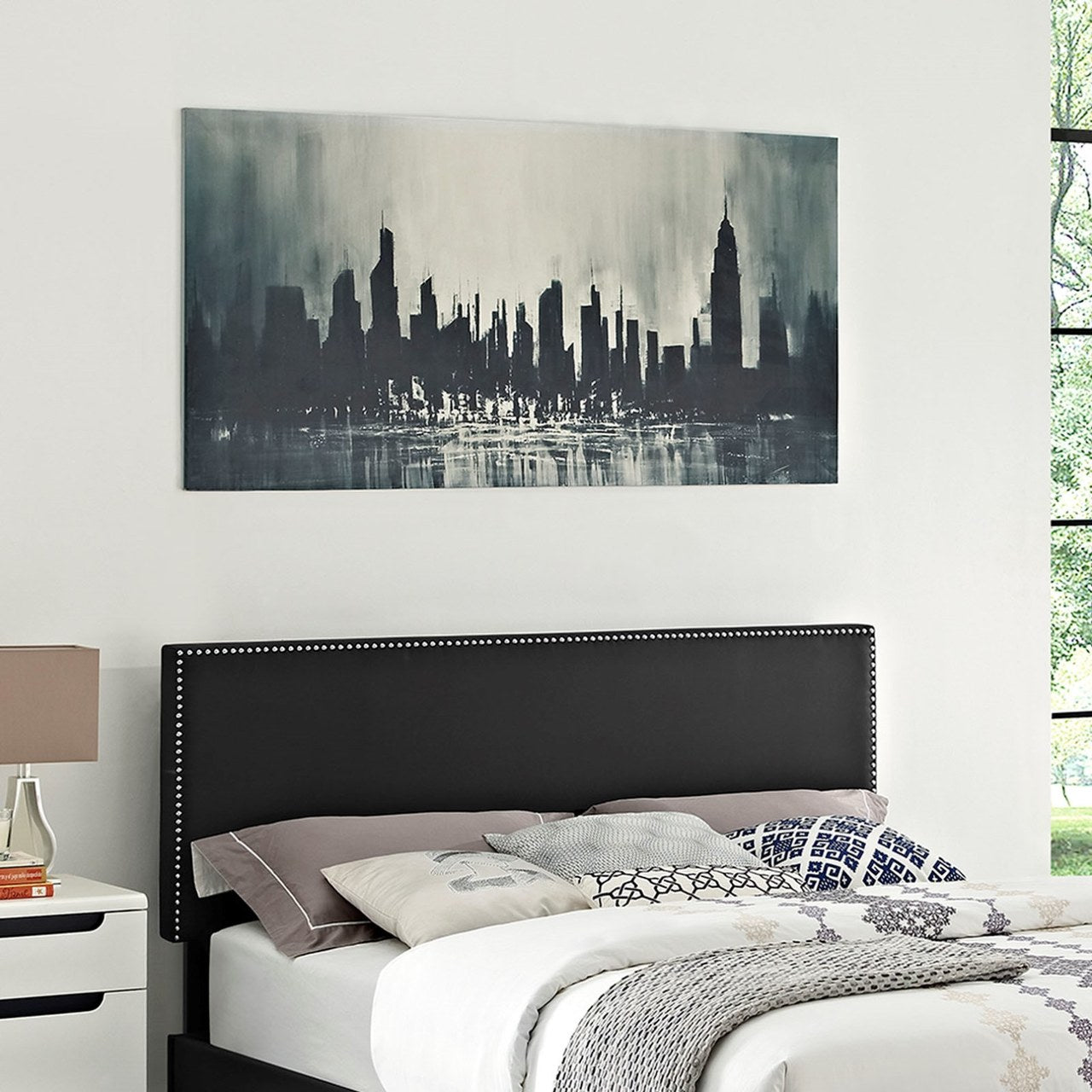 Phoebe Full Upholstered Vinyl Headboard, Black, Faux Leather 12098