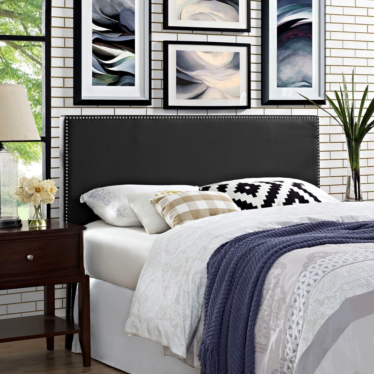 Phoebe Queen Upholstered Vinyl Headboard, Black, Faux Leather 12105